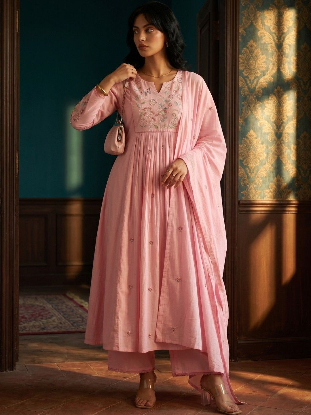 KINDA DESI Women Floral Embroidered Pleated Thread Work Chanderi Silk Kurta with Trousers & With Dupatta