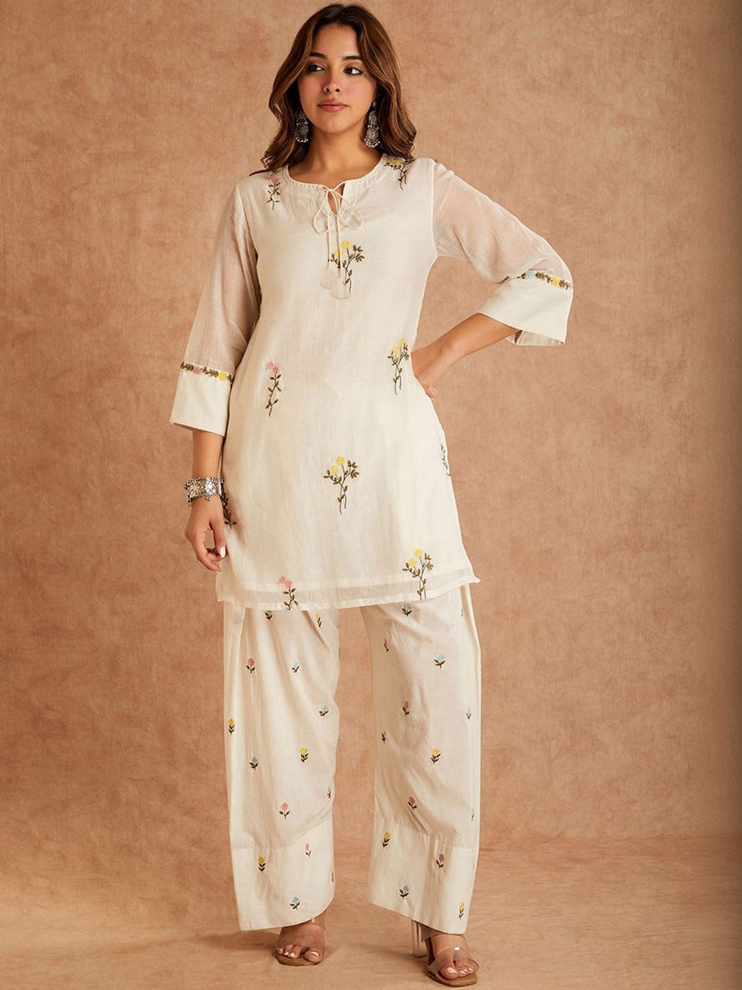 GoSriKi Women's Cream Rayon Blend Embroidered Straight Short Kurta With Farshi Salwar Set