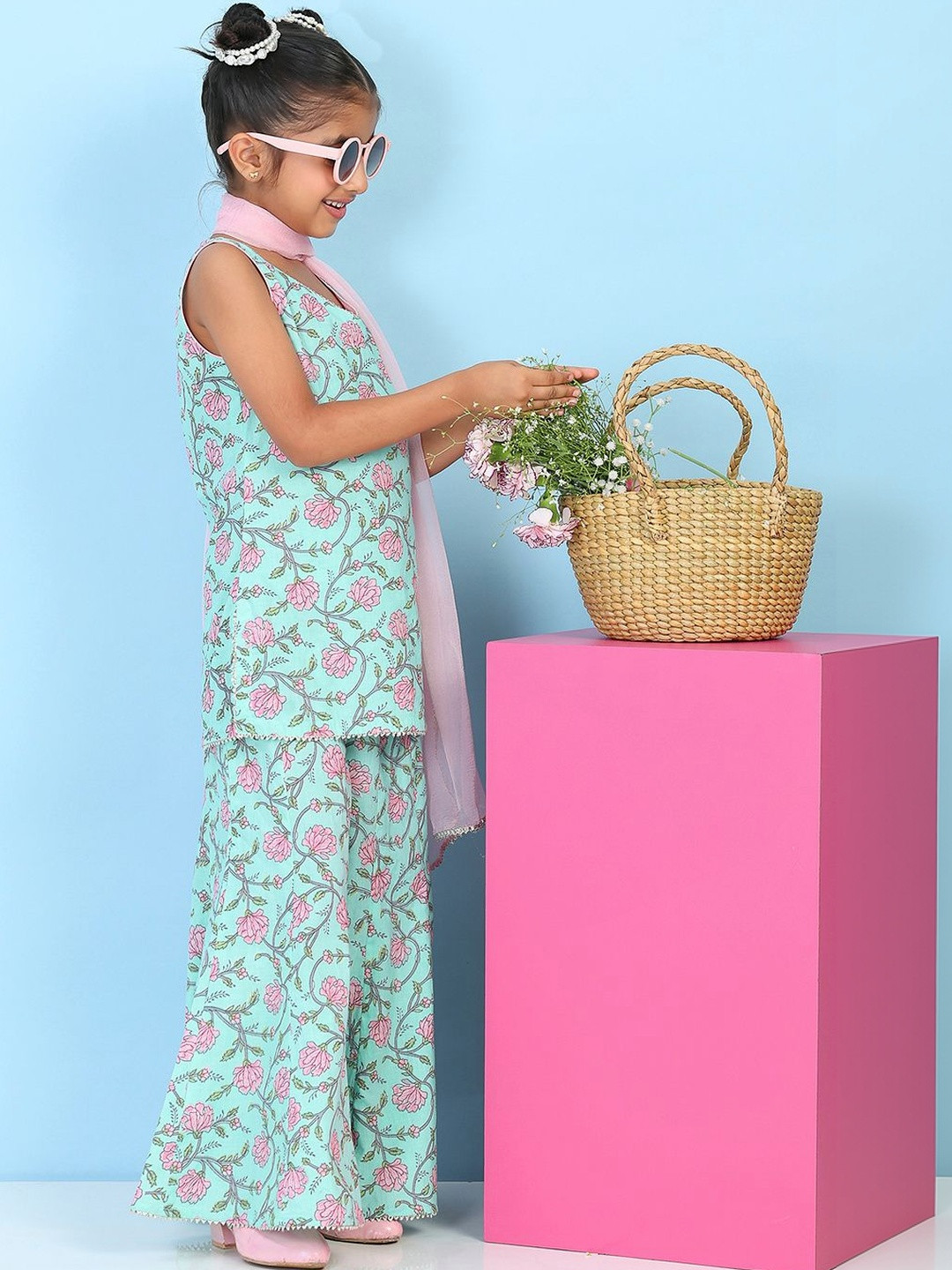 Biba Girls Floral Printed Regular Pure Cotton Kurta with Sharara & With Dupatta