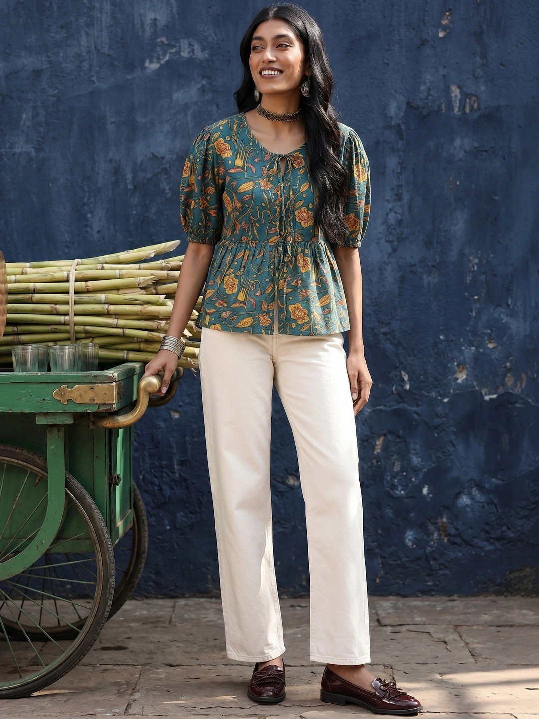 Taavi Floral Print Puff Sleeve Gathers Pure Cotton A-Line Sanganeri Top