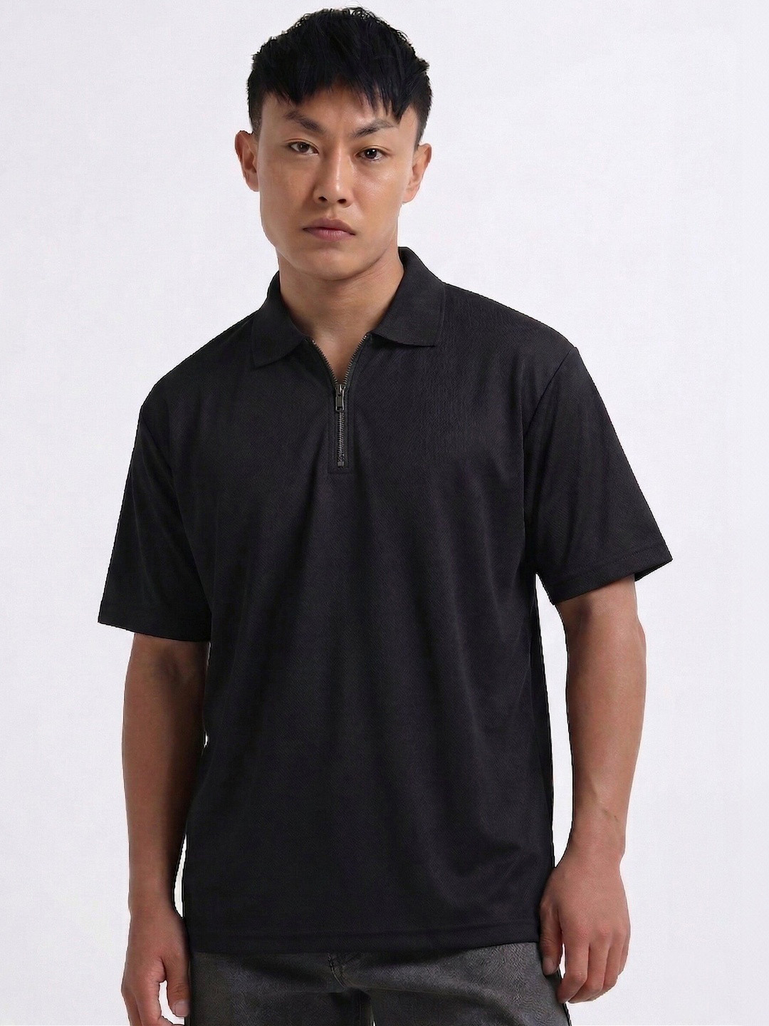 MOHICANS Men Black Color Cotton Zipper Polo Collar Tshirt