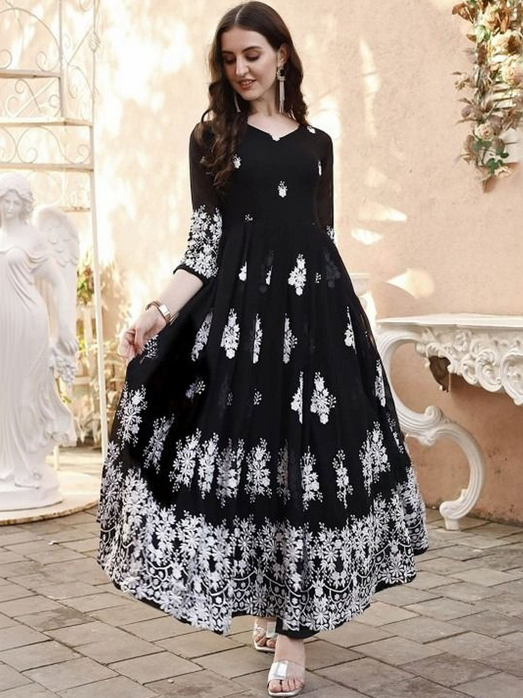 Moda Rapido Floral Embroidered Georgette Fit & Flare Maxi Dress