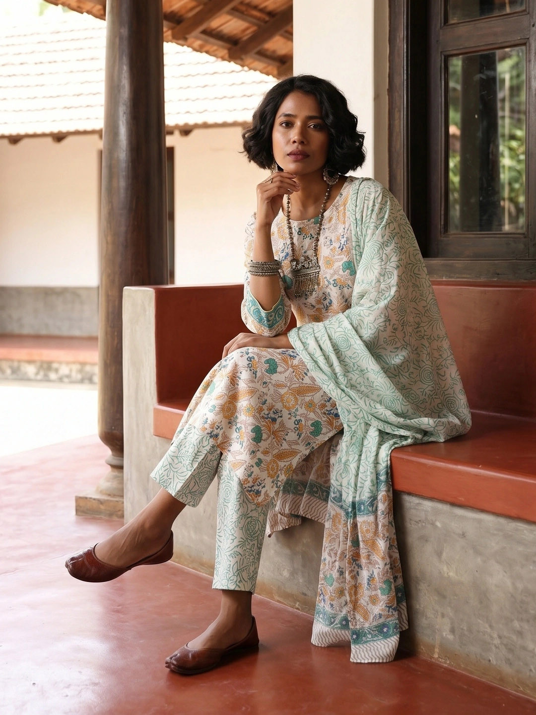 Taavi Bagru Floral Printed Pure Cotton Kurta with Trousers & Dupatta