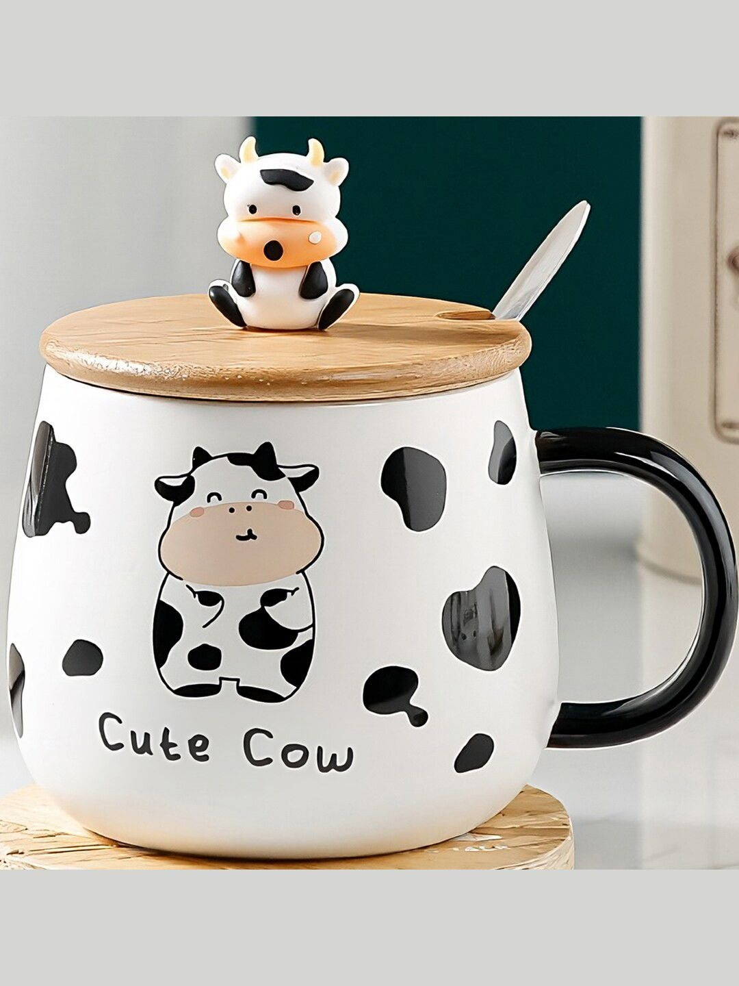 BonZeaL White Animal Print Ceramic Microwave Safe Mug with Lid and Spoon-480ml