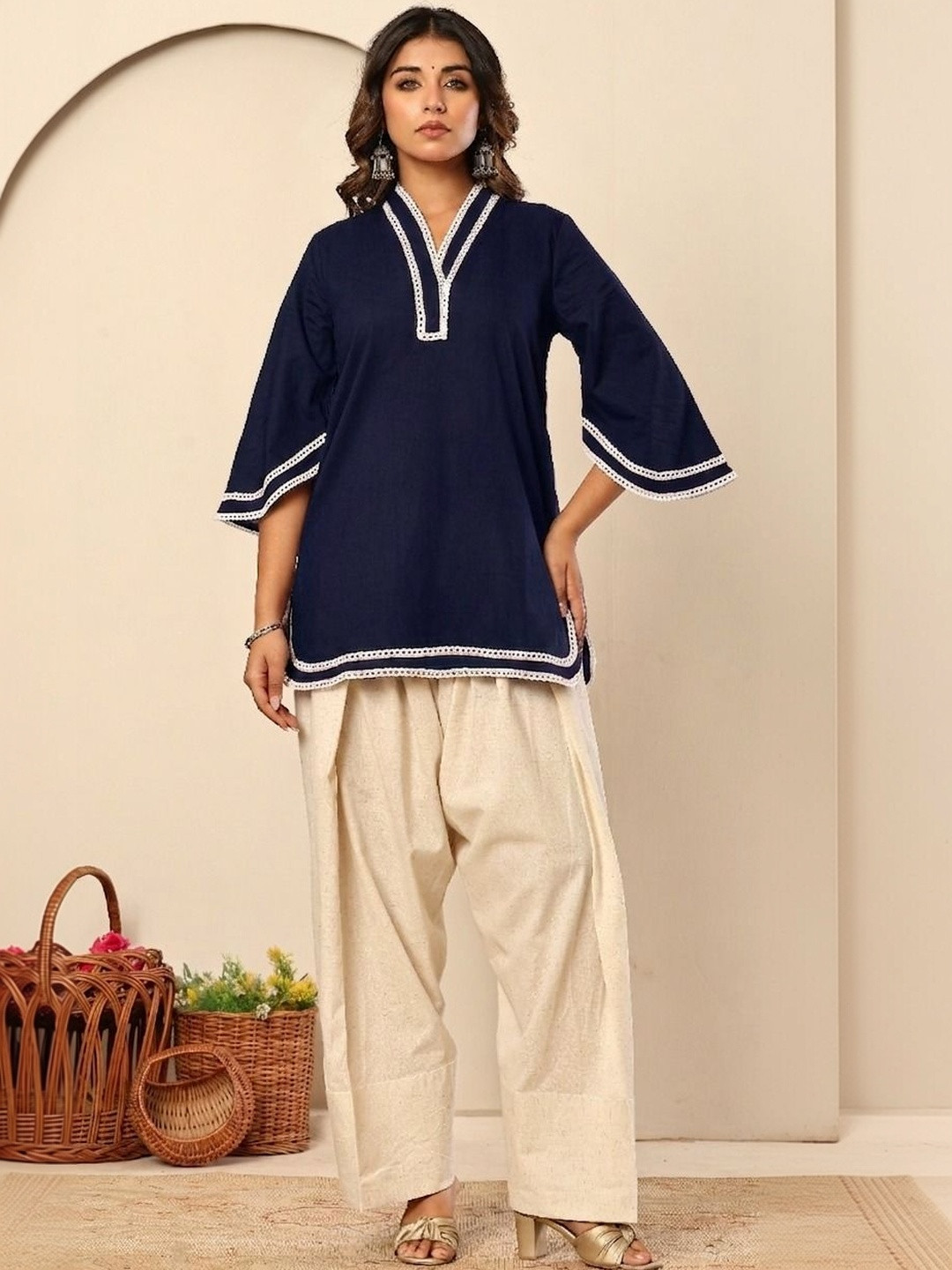 KASYA Lace Detail Cotton Solid Tunic with Palazzos