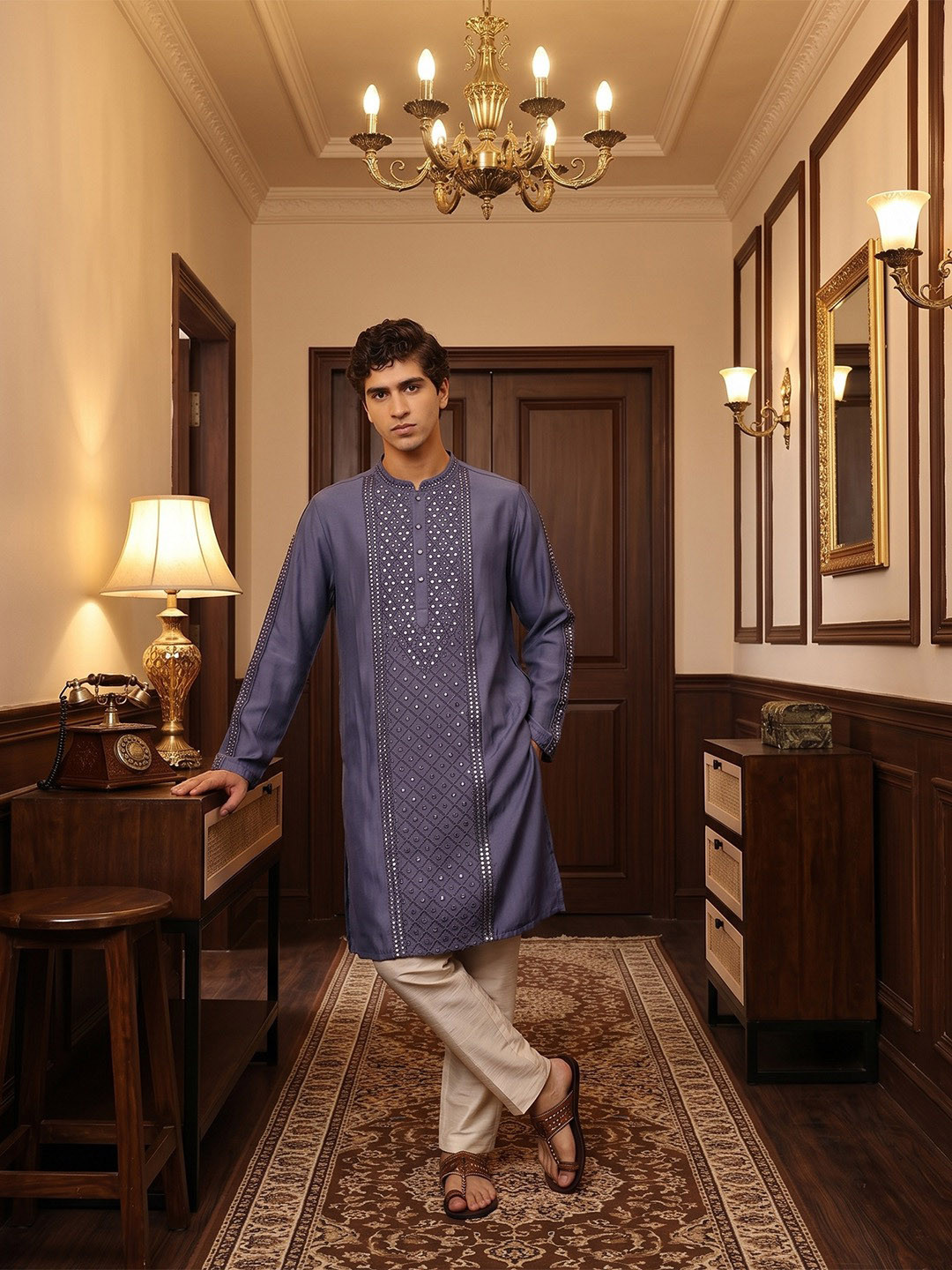 House of Pataudi Geometric Embroidered Mirror Work Mandarin Collar Straight Jashn Republic Day Republic Day Kurta