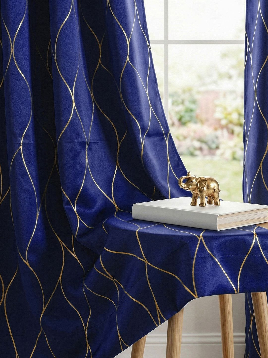 URBAN SPACE Navy Blue & Gold-Toned Printed Blackout Long Door Curtain