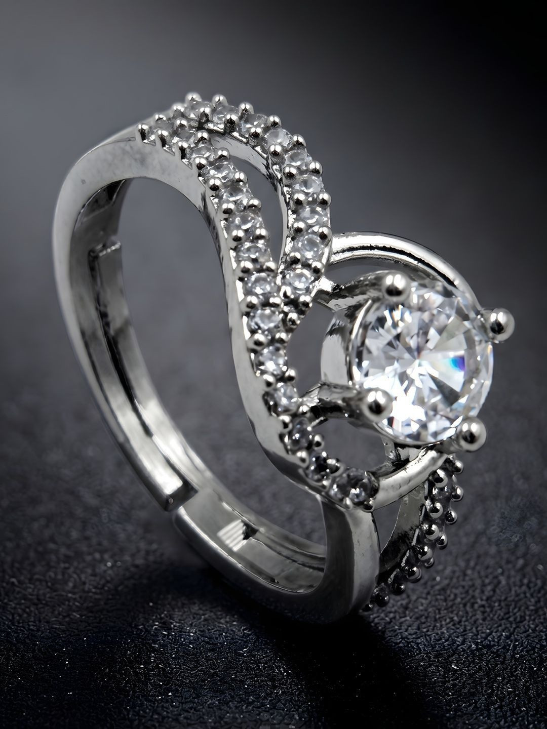 ADIVA Silver Plated White American Diamond Studded Adjustable Ring