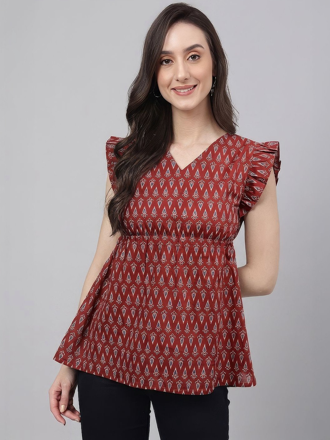Janasya Maroon Geometric Print Flutter Sleeve Ethnic Cotton Empire Top