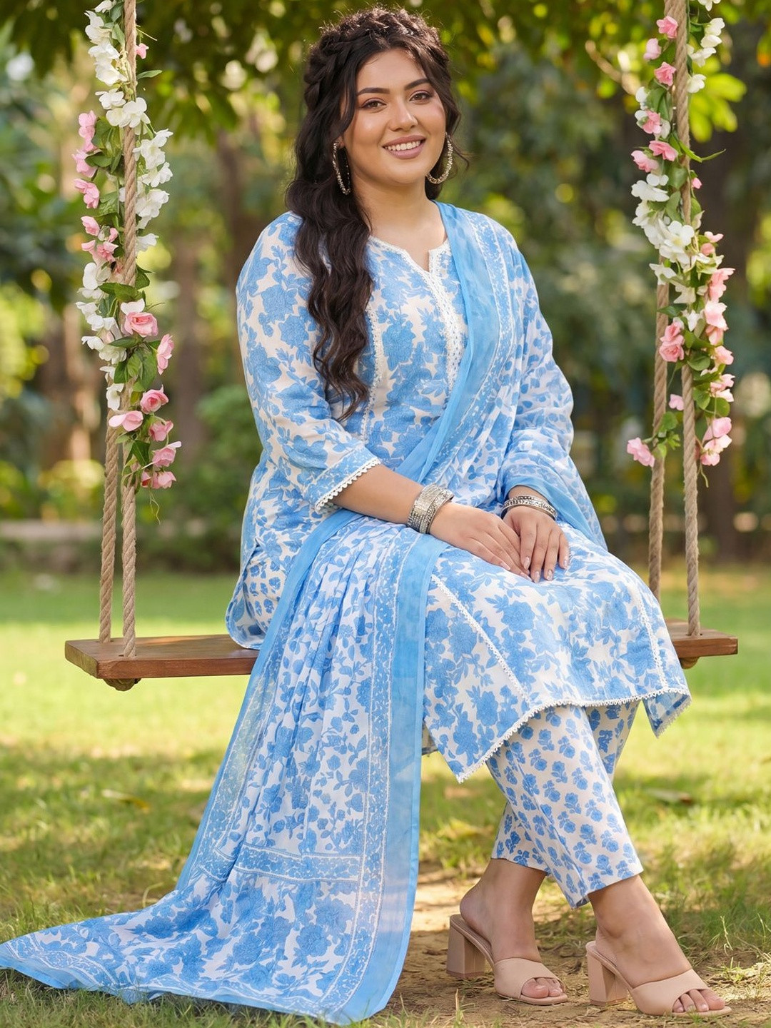 Indo Era Plus Size Blue Printed Straight Kurta Trousers With Dupatta Set