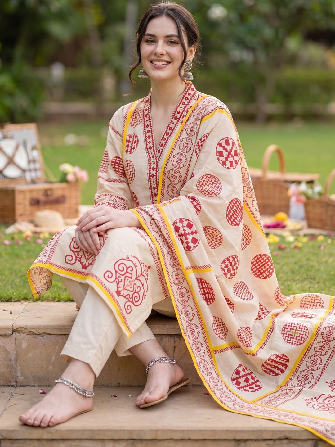 Indo Era Women Ethnic Motifs Printed Regular Pure Cotton Kurta with Trousers & With Dupatta