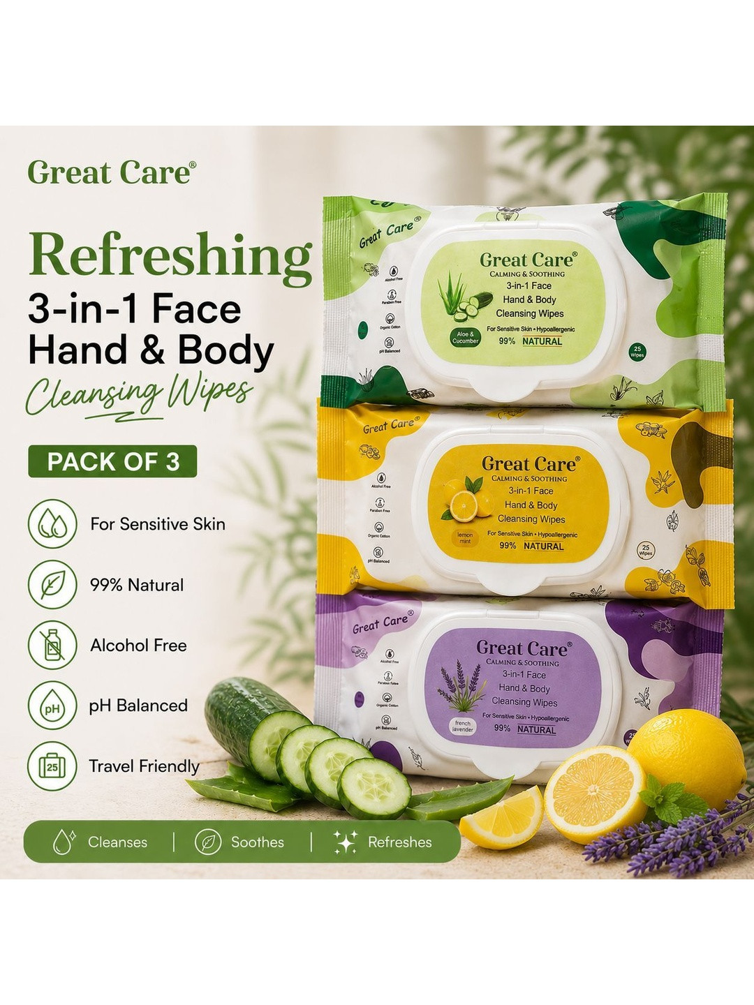 GREAT CARE Set Of 3 Aloe Vera Lemon & Lavender Refreshing Wet Wipes - 25 Pcs Each