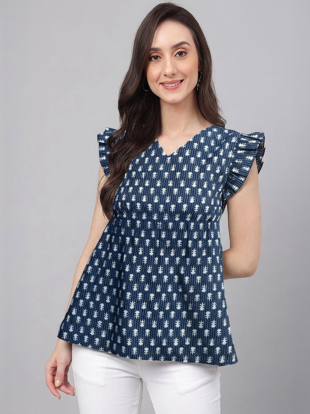 Janasya Indigo Polka Dot Print Flutter Sleeve Ruffles Ethnic Cotton Empire Top