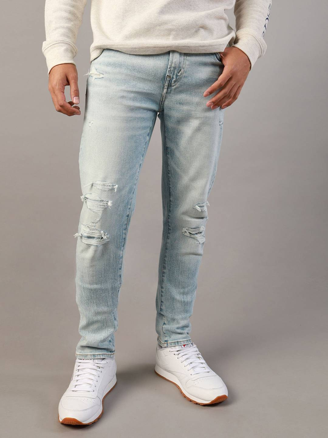 American Eagle Men Blue AirFlex+ Patched Skinny Jeans
