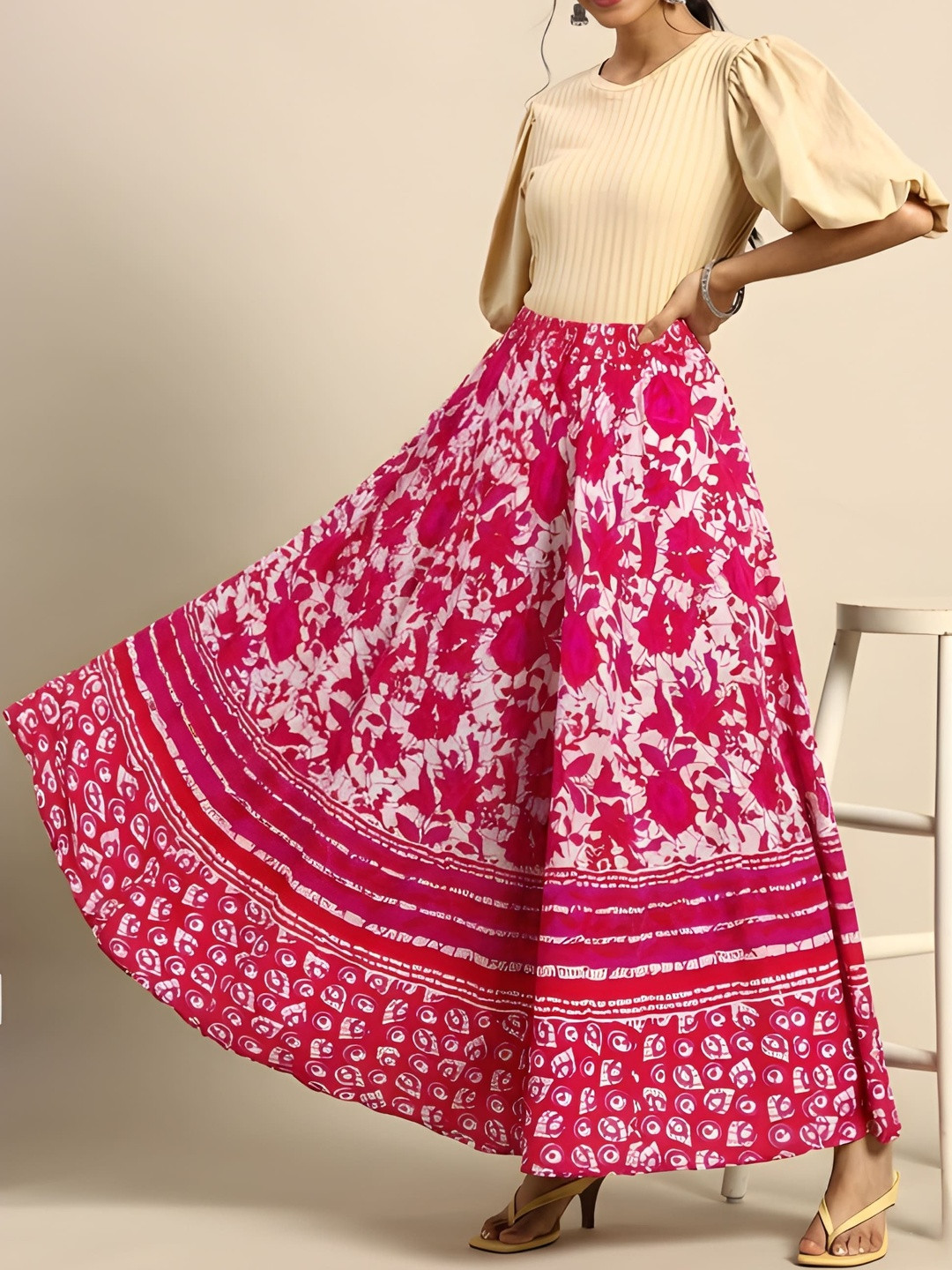 HARAYE Women Pure Cotton Cotton Cambric Floral Maxi Flared Skirt