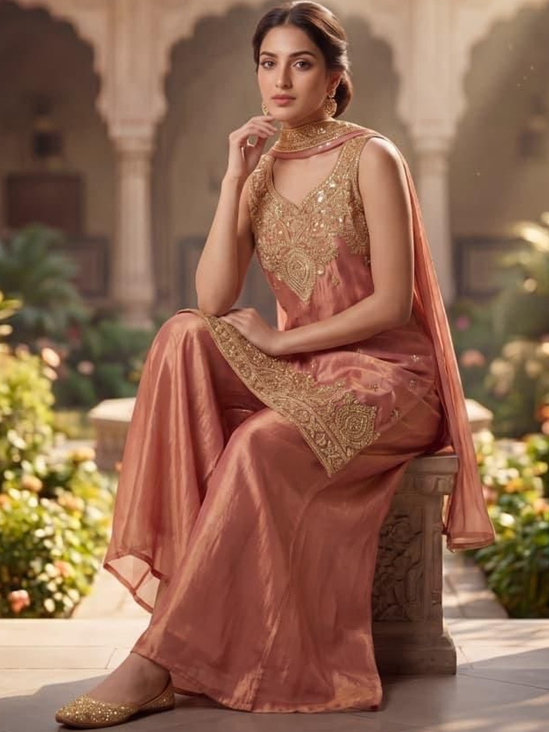Varsha Fashion Women Ethnic Motifs Embroidered Regular Thread Work Pure Silk Kurta with Palazzos & With