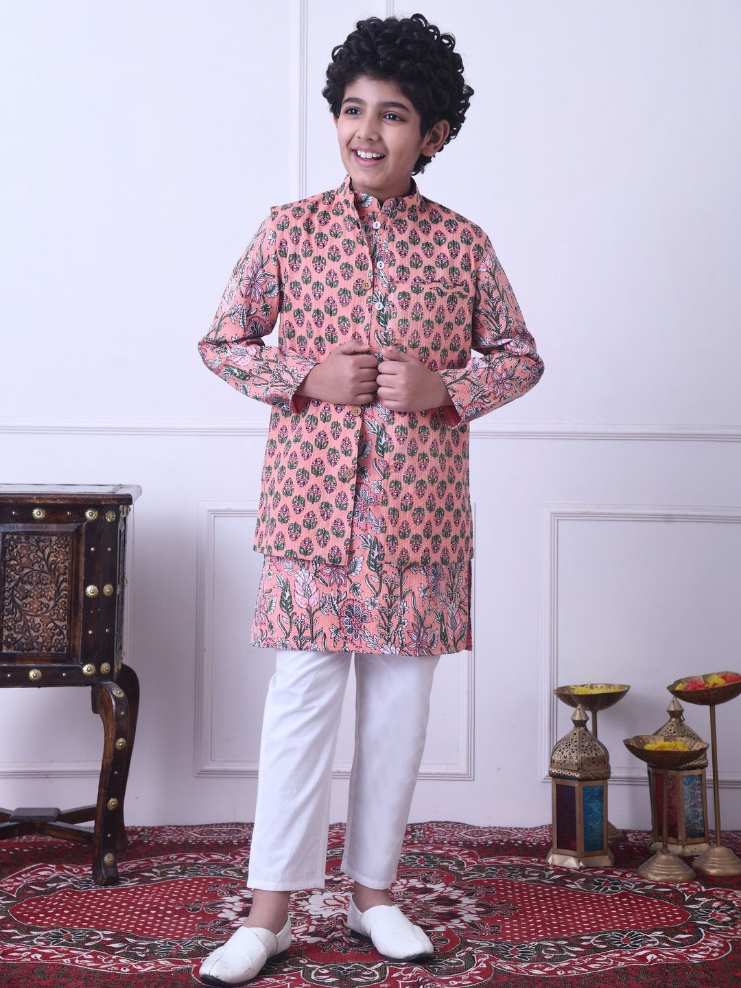 Indi-Loom Couture Boys Floral Printed Regular Pure Cotton Kurta with Pyjamas
