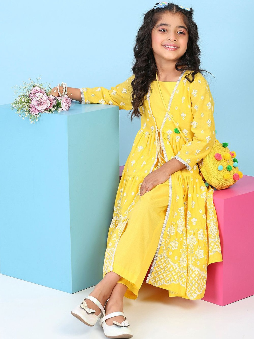 Biba Girls Floral Printed Tiered Cotton Kurta With Palazzo & Shrug