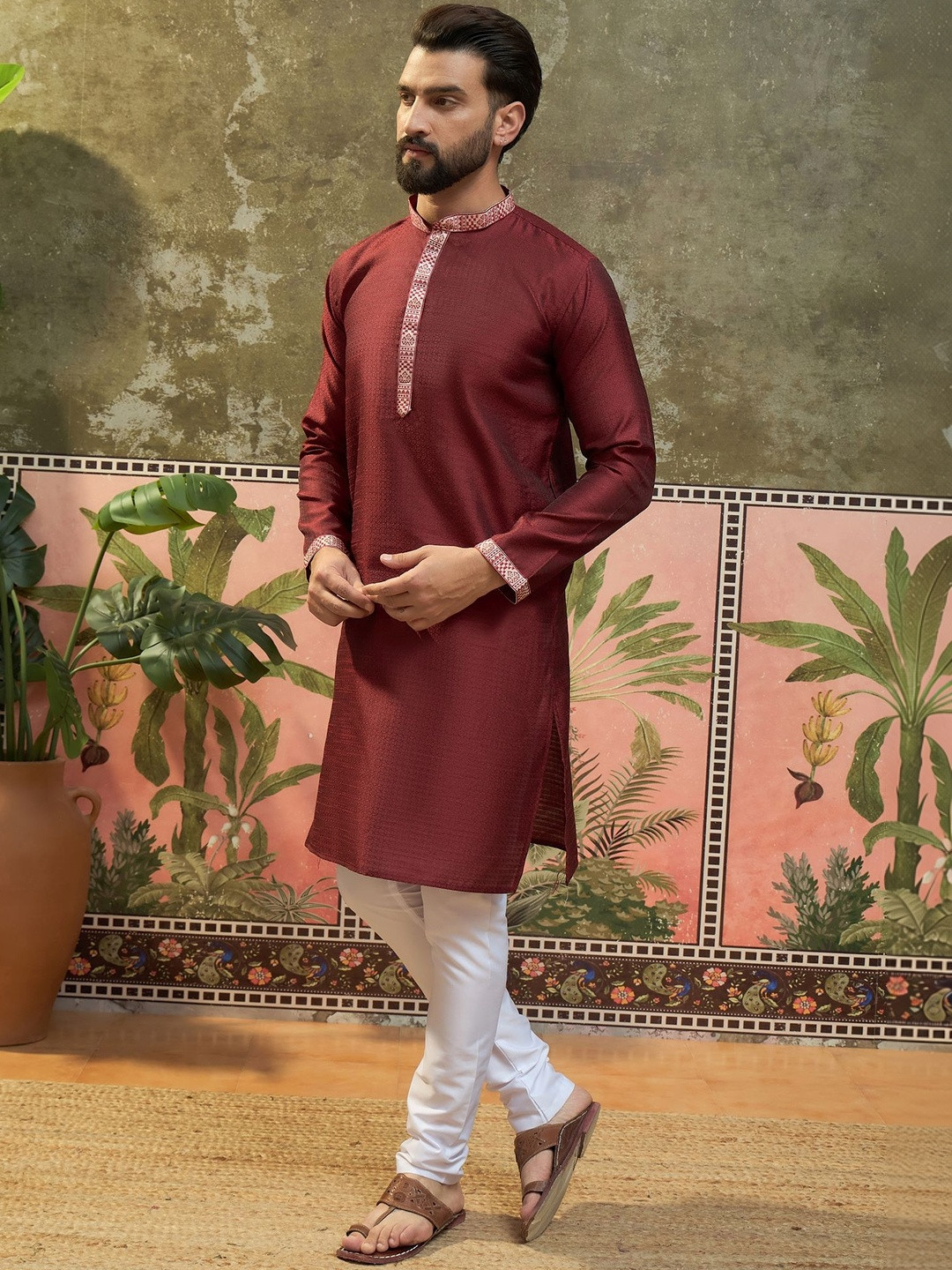 Sangria Woven Design Mandarin Collar Straight Kurta