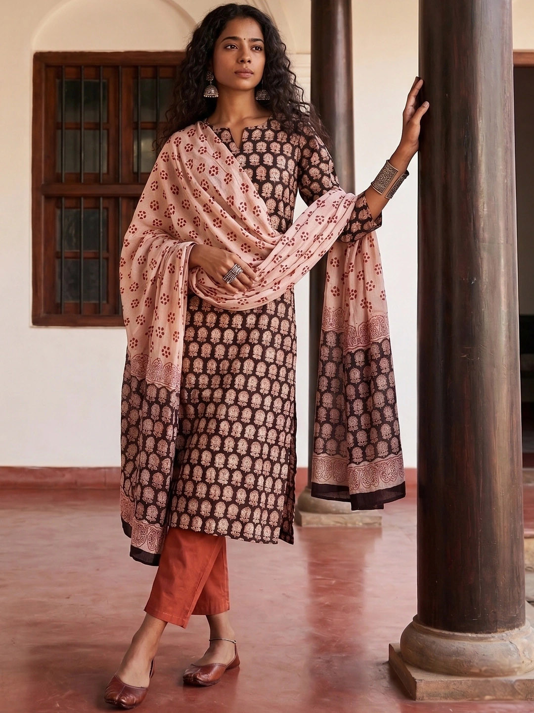 Taavi Floral Printed Pure Cotton Bagru Kurta with Trousers & Dupatta