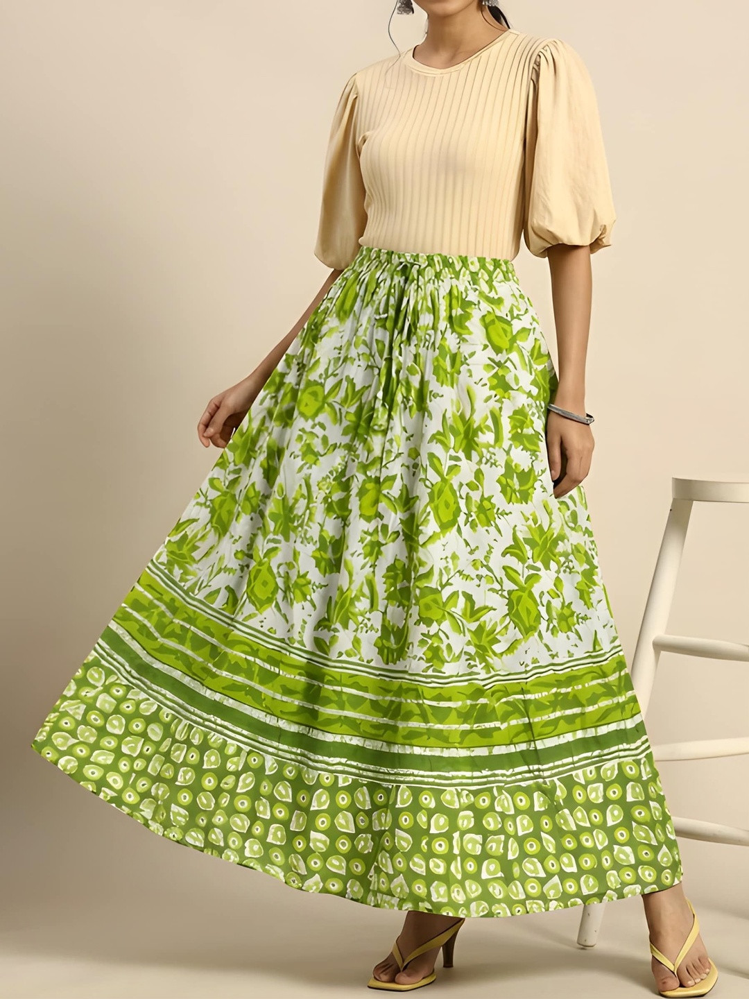 HARAYE Women Pure Cotton Cotton Cambric Floral Tiered Maxi Flared Skirt