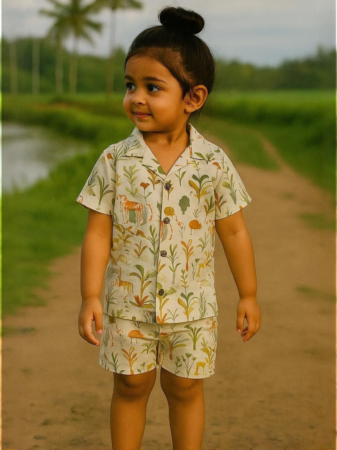 IRSIA Girls White Linen Nature Themed Printed Shirt with Shorts