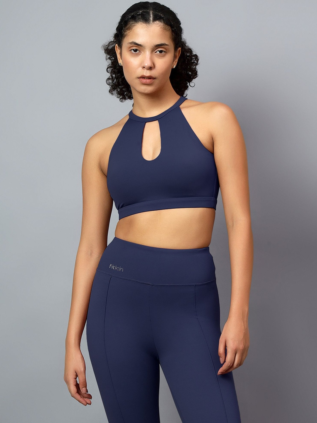 Fitkin Blue Nylon Non-Wired Removable Padding Workout Bra