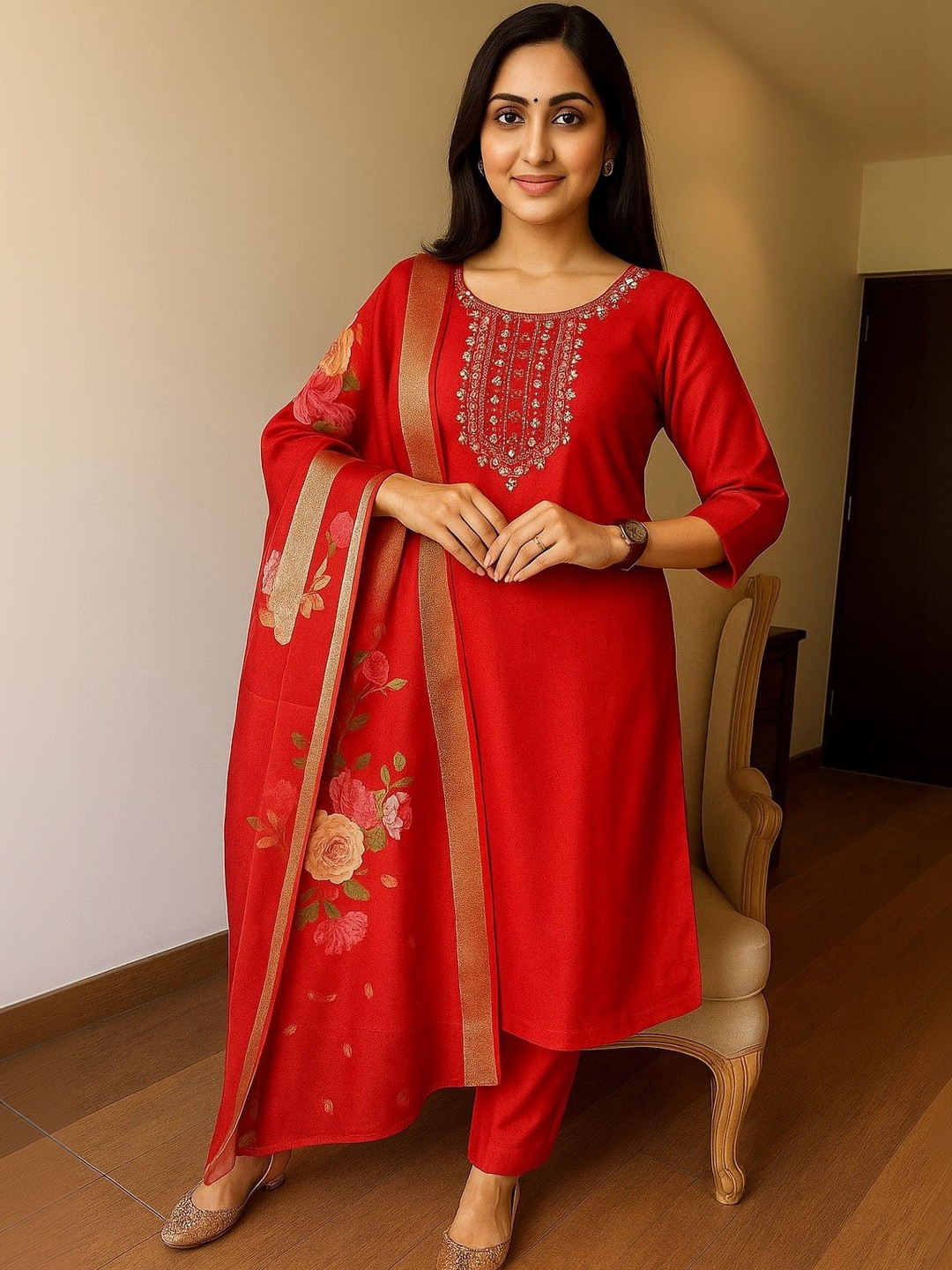 LIZORD FAB Women Ethnic Motifs Embroidered Regular Thread Work Kurta with Trousers & With Dupatta