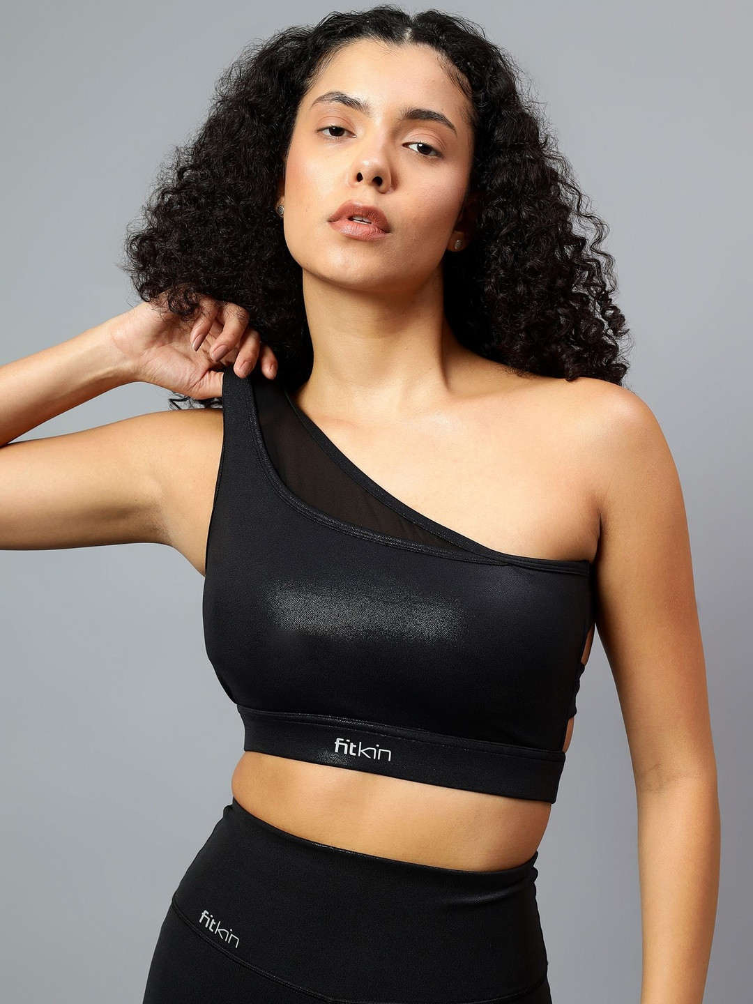 Fitkin Luxe Women Black Shine On One Shoulder Gym & Workout Sports Bra