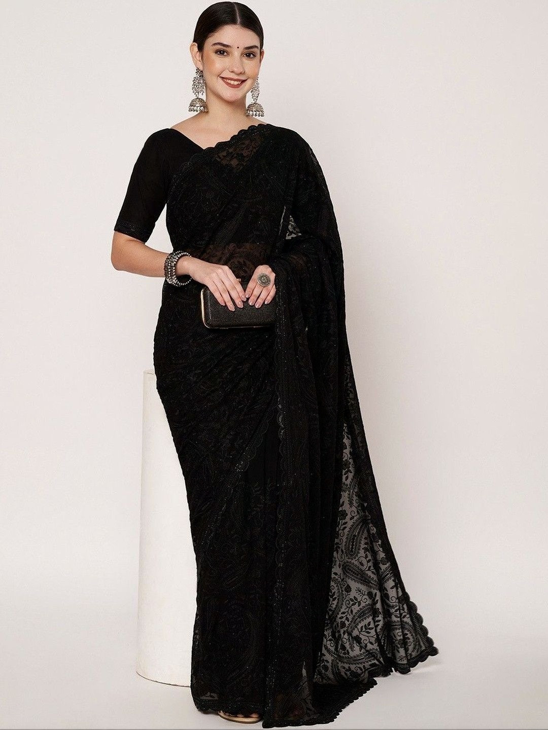 KLISHAA ART Ethnic Motifs Embroidered Pure Georgette Heavy Work Saree