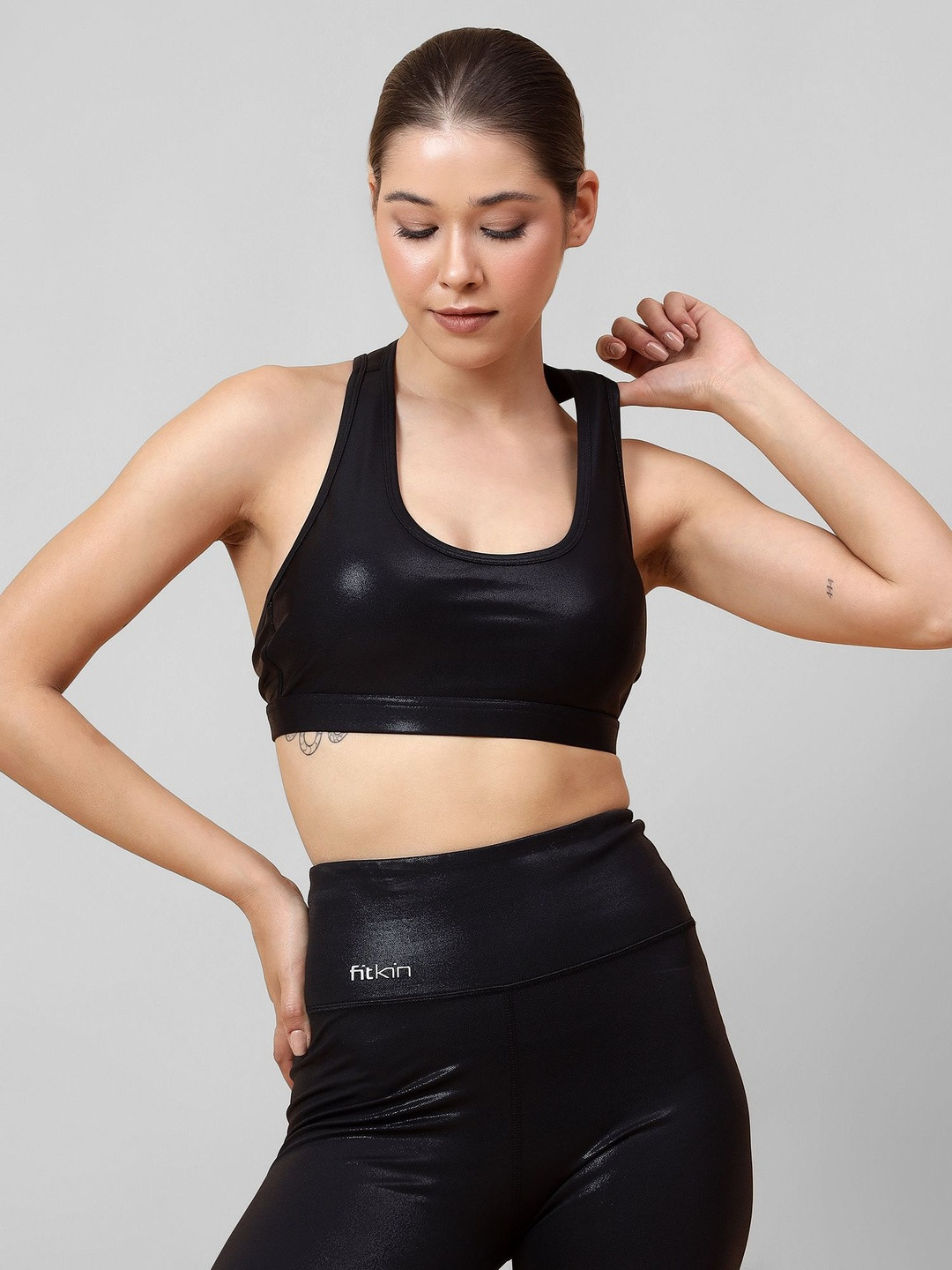 Fitkin Women's Luxe Black Shine On Racerback Sports Bra with Back Keyhole & Medium Support
