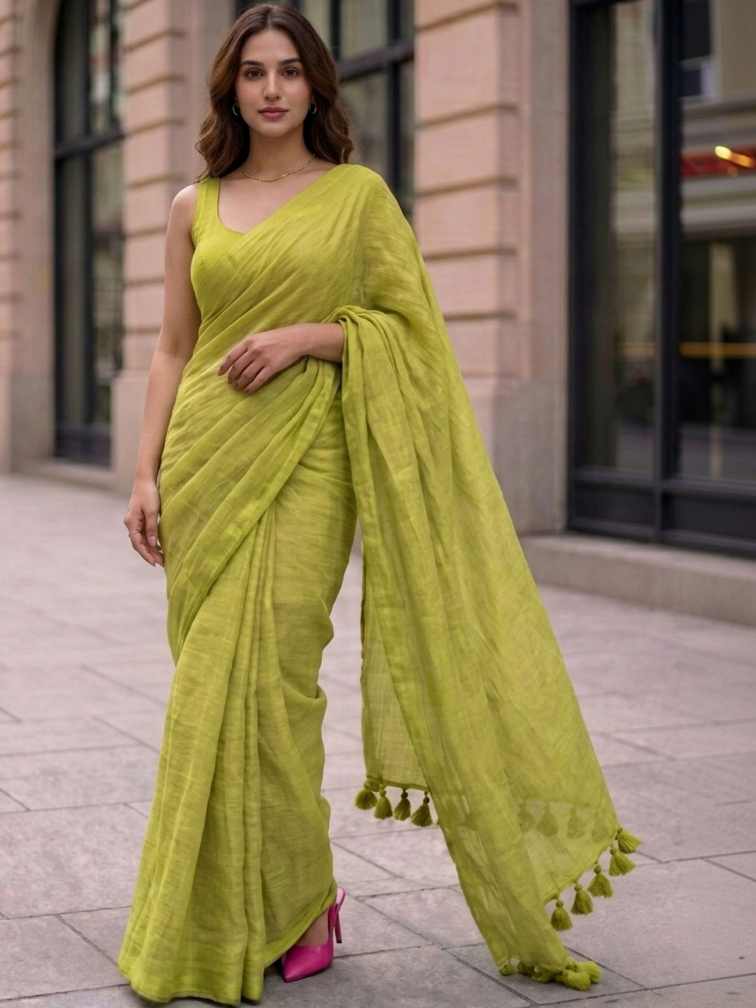 MAYIN India Women Sage Green Solid Plain Mul Modal Cotton Saree