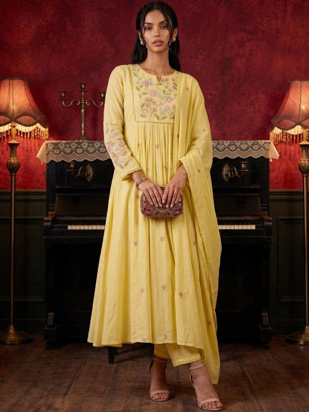 KINDA DESI Women Floral Embroidered Pleated Thread Work Chanderi Silk Kurta with Trousers & With Dupatta