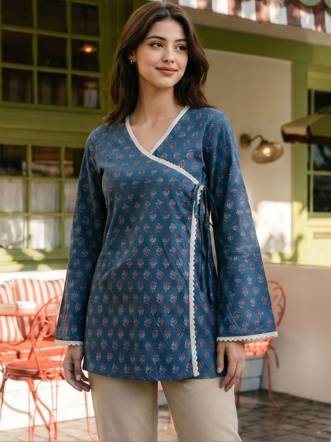 MIKAMI Ethnic Motifs Printed V-Neck Angrakha Kurti