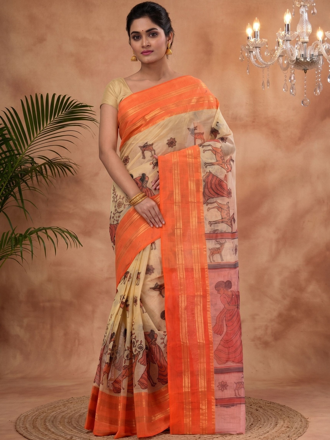 PuJoy Ethnic Motif Woven Design Pure Cotton Handloom Taant Saree