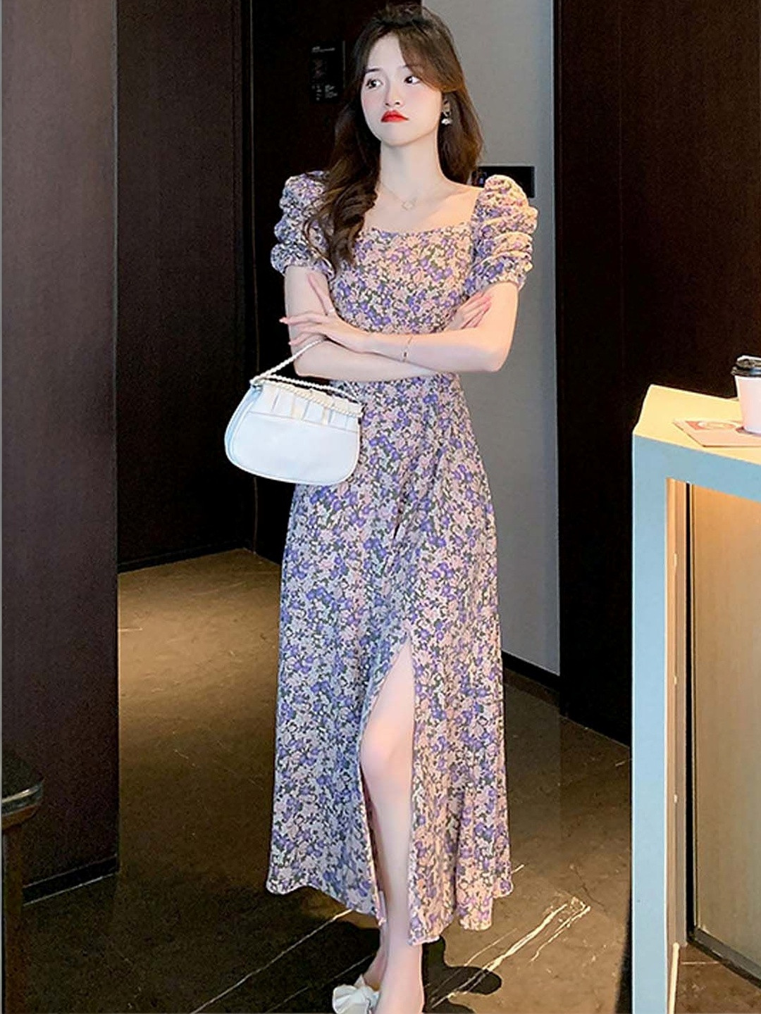 Suo Floral Print Puff Sleeve Fit & Flare Maxi Dress