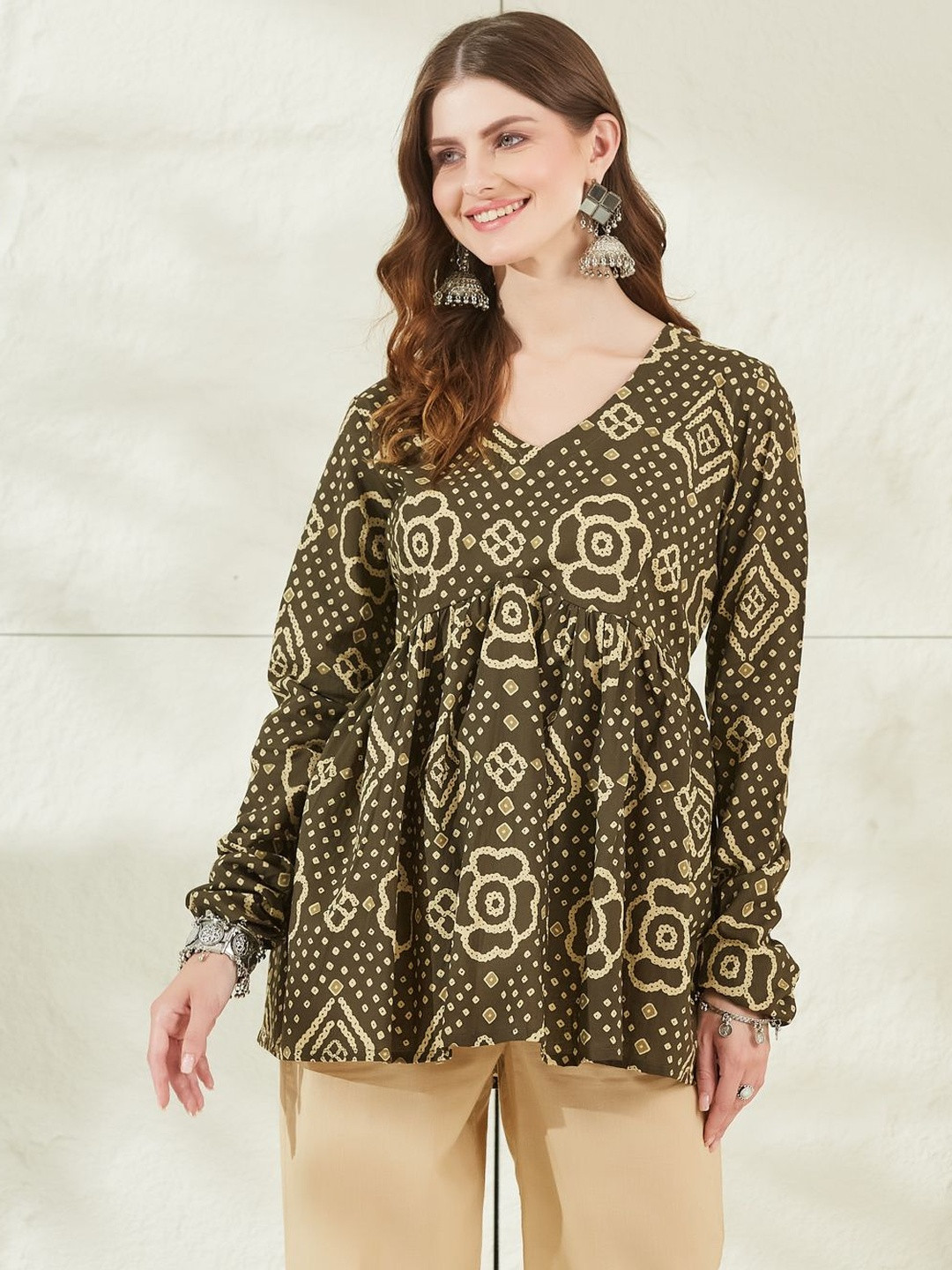 Divena Print Ethnic Cotton Blend Peplum Top