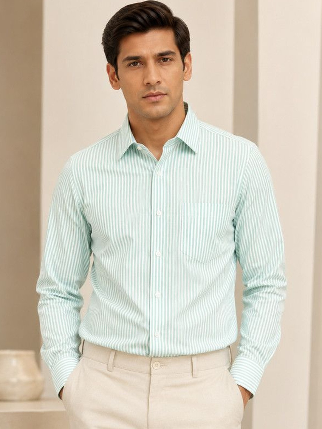 FRANKSHIRT Men Pista Green Striped Oxford Cotton Regular Fit Full Sleeve Casual Shirt