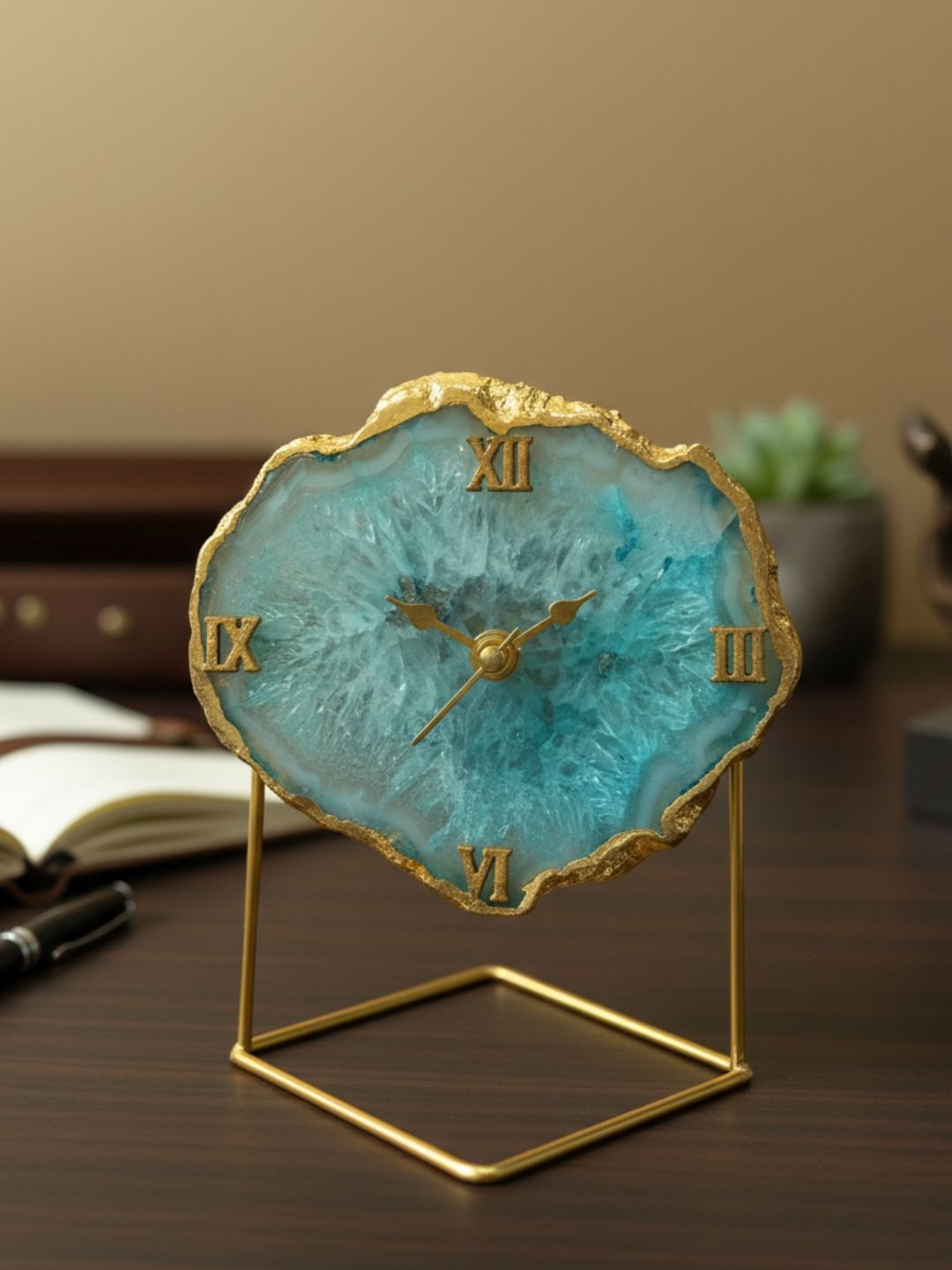 HOMEARTE Turquoise Blue & Gold-Toned Printed Abstract Shaped Vintage Table Clock