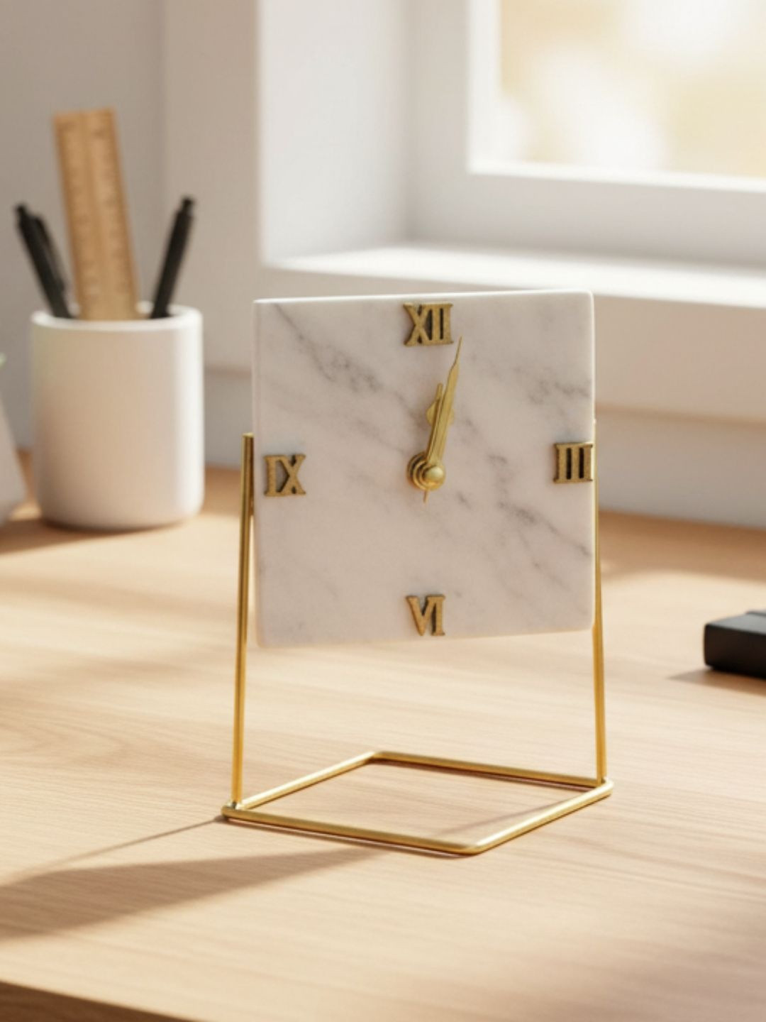HOMEARTE Desktop Clock with Stand White Metal Durable Square Battery Analogue Table Clock