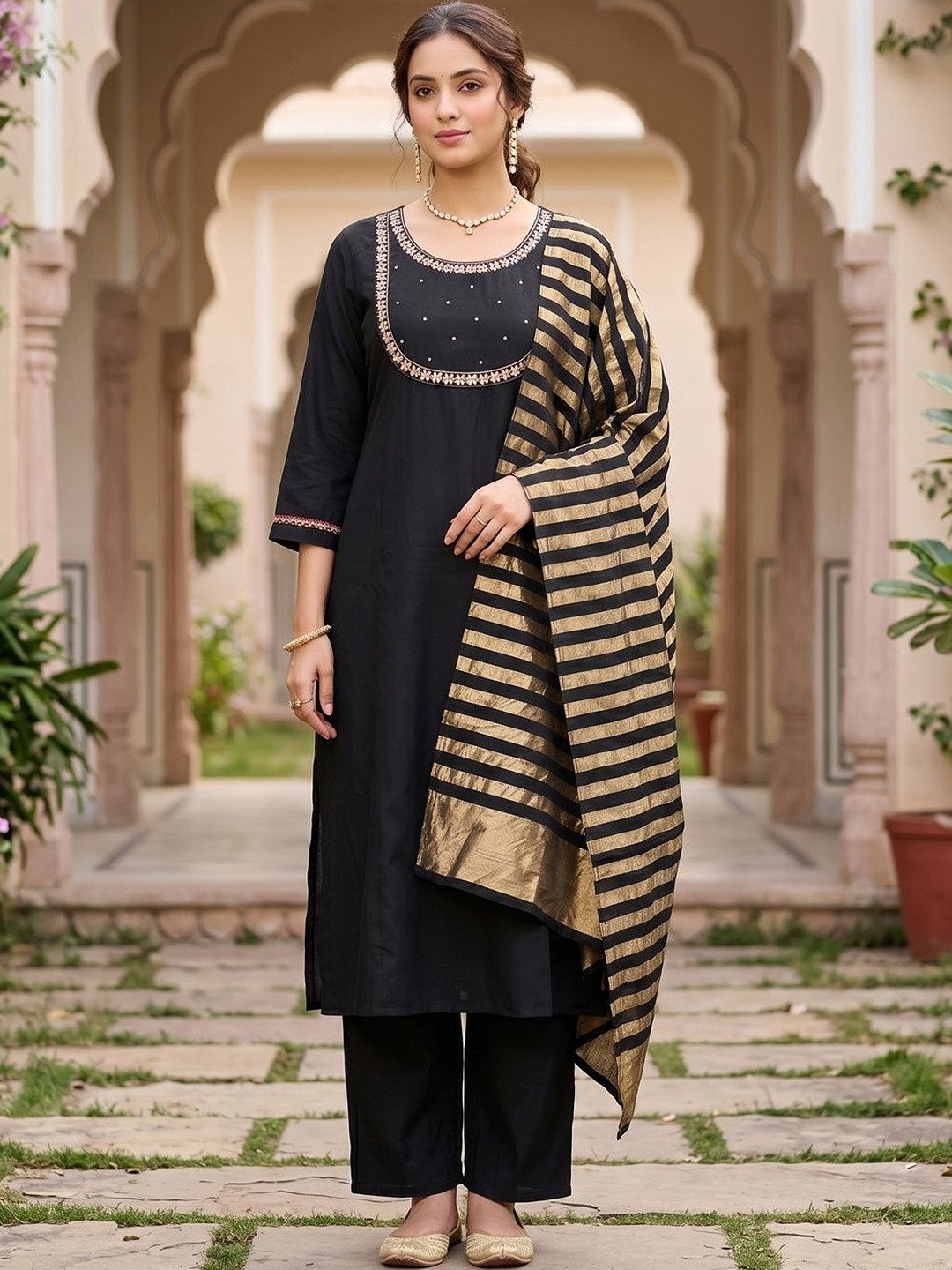 Koskii Black Art Silk Cording A Line Kurta With Pant Regular And Dupatta