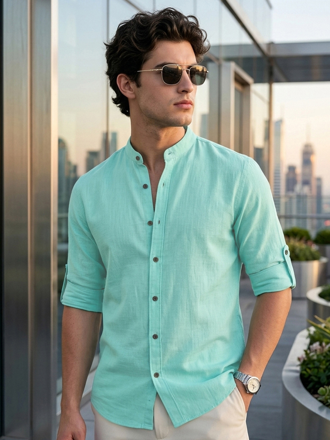Urbano Fashion Men Light Teal Linen Blend Relaxed Fit Mandarin Collar Solid Shirt