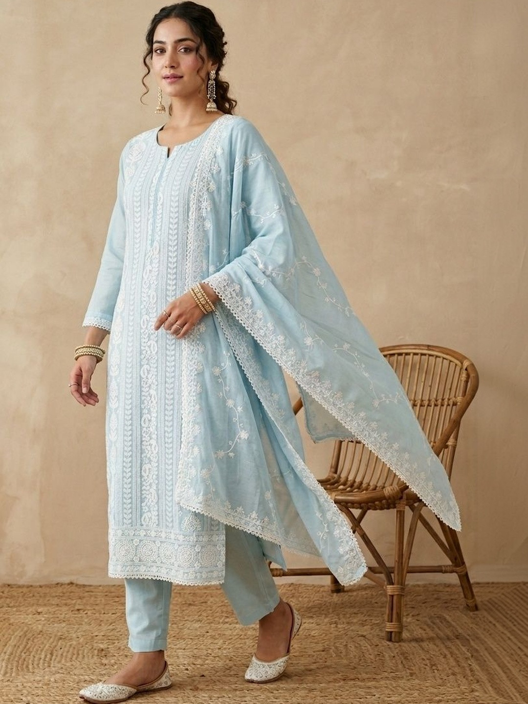 Koskii Sky Blue Chanderi Threadwork Straight Kurta With Regular Pant And Dupatta