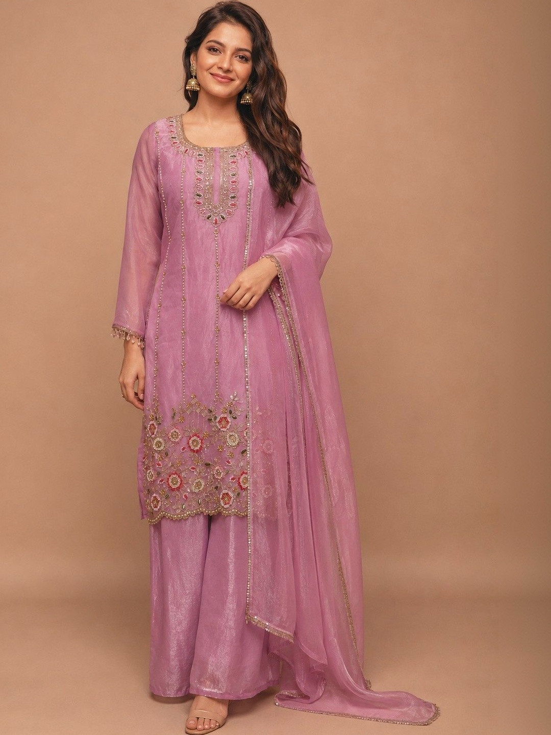 Muzaro ethnics Women Ethnic Motifs Embroidered Regular Beads and Stones Kurta with Palazzos & With Dupatta