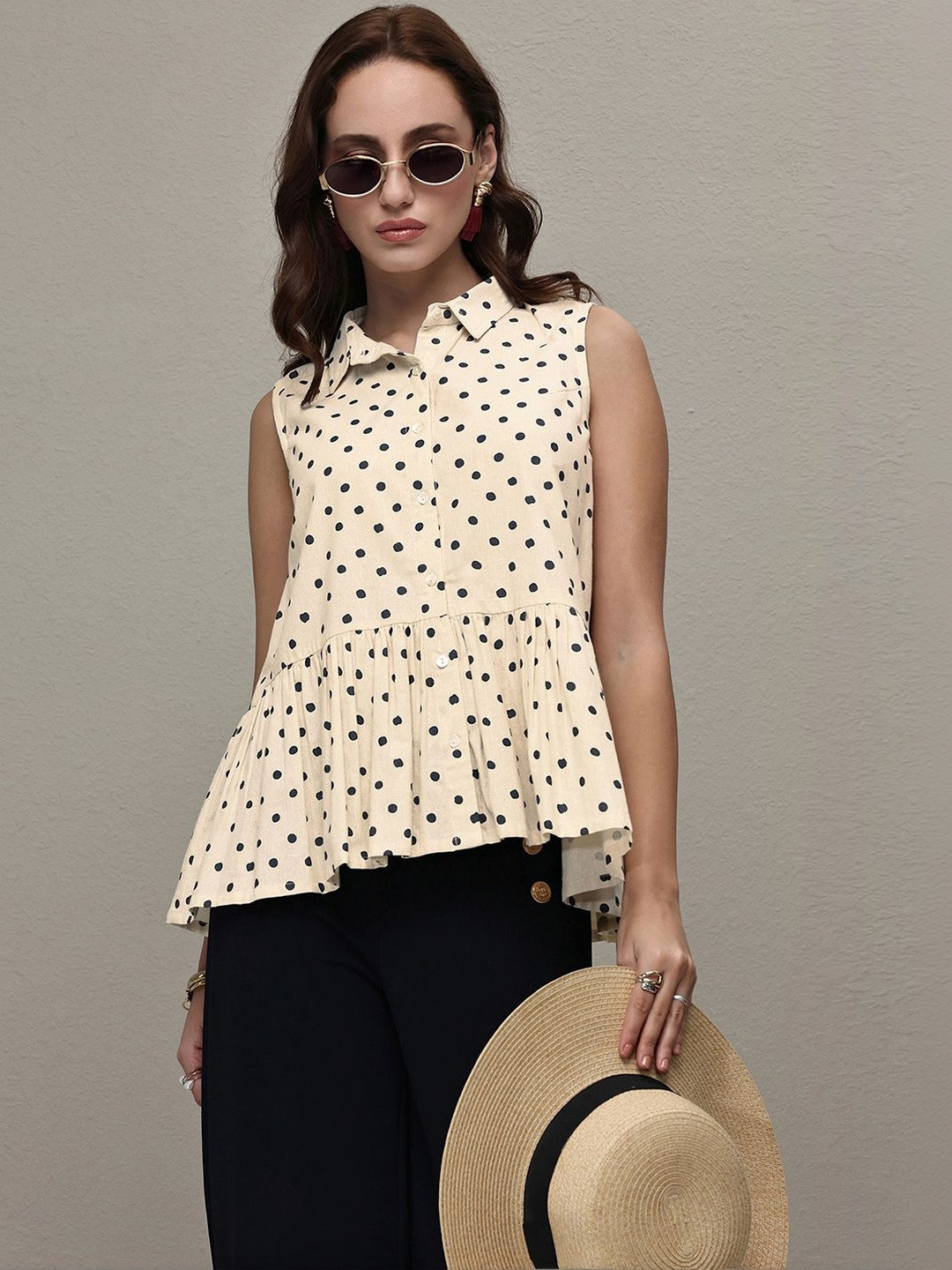Libas Off White Polka Dot Printed Cotton A-Line Top