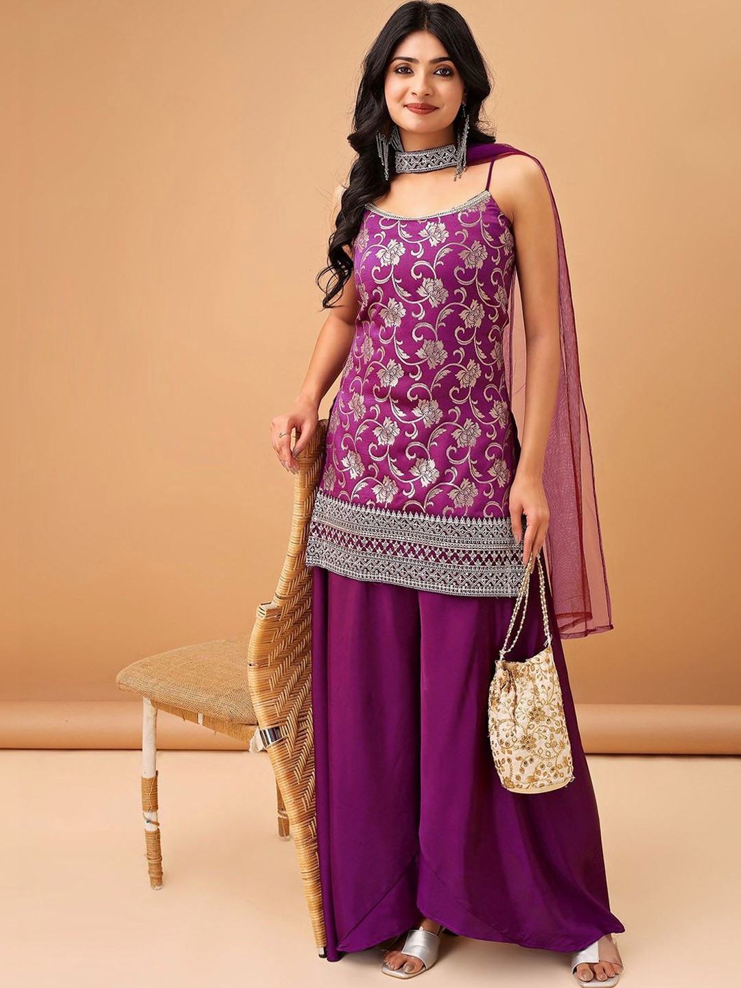 Sashay Boutique Women Embroidered Regular Kurta with Sharara & With Dupatta