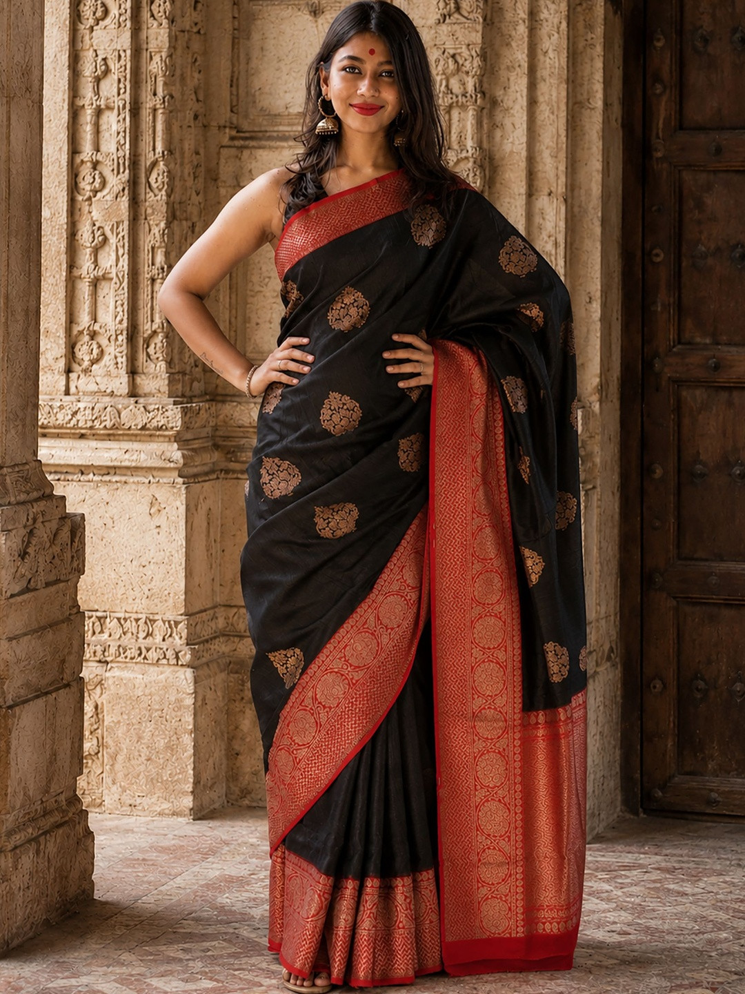 KALINI Ethnic Motifs Zari Silk Blend Handloom Banarasi Saree