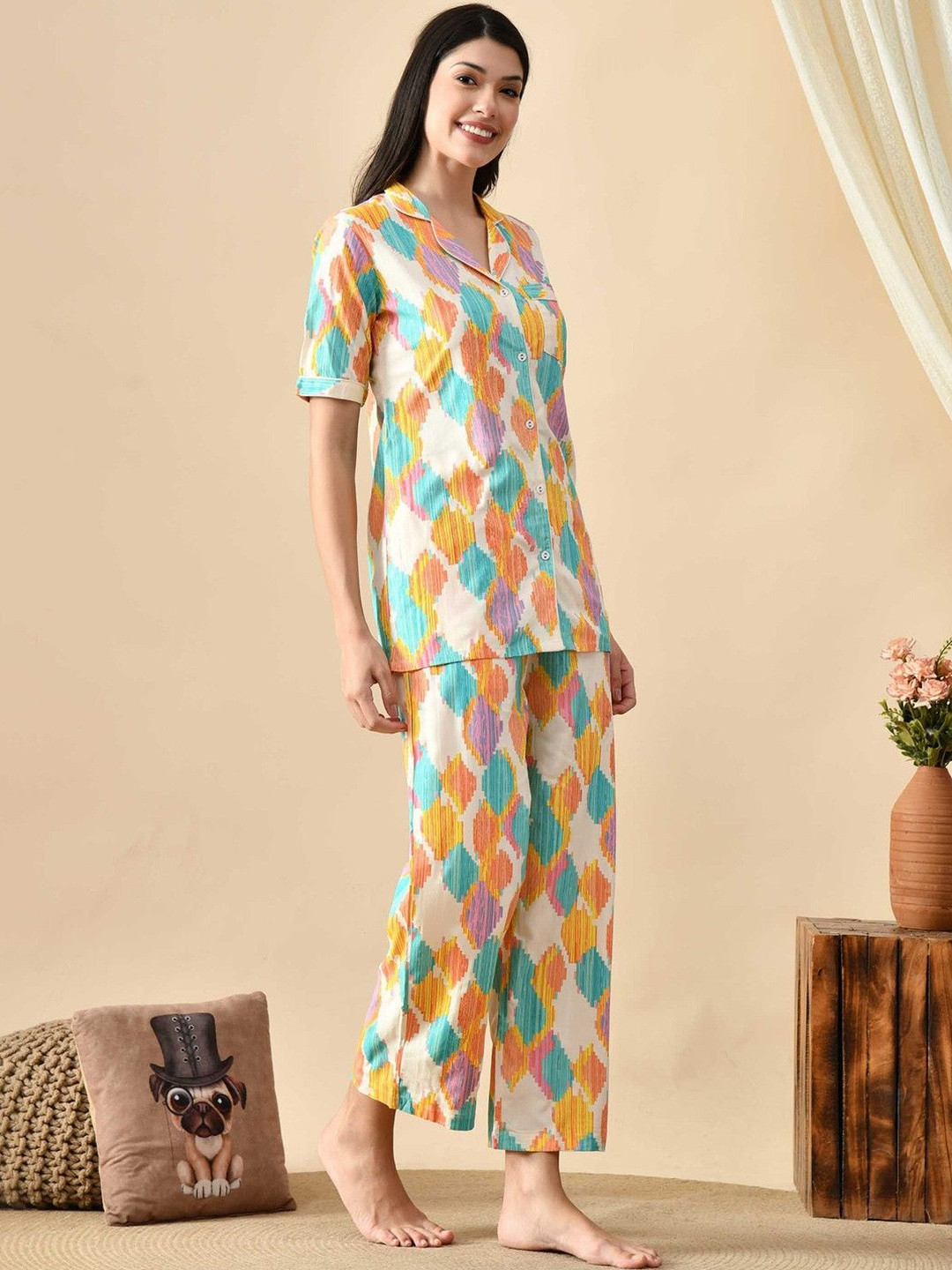 PRADHRUHE Women Abstract Printed Lapel Collar Shirt & Pyjama Night suit