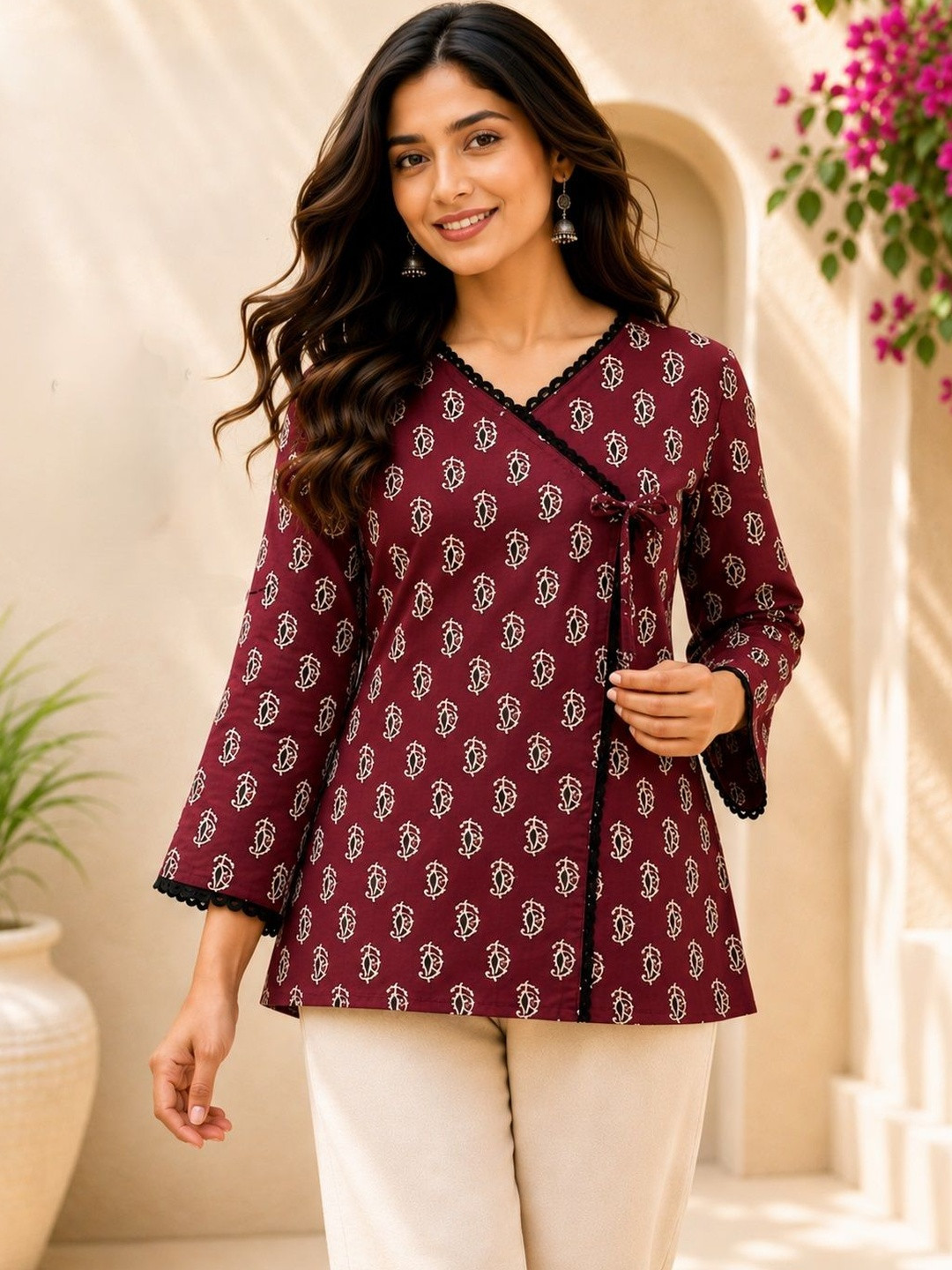SOURAGYA Ethnic Motifs Printed V-Neck Angrakha Kurti