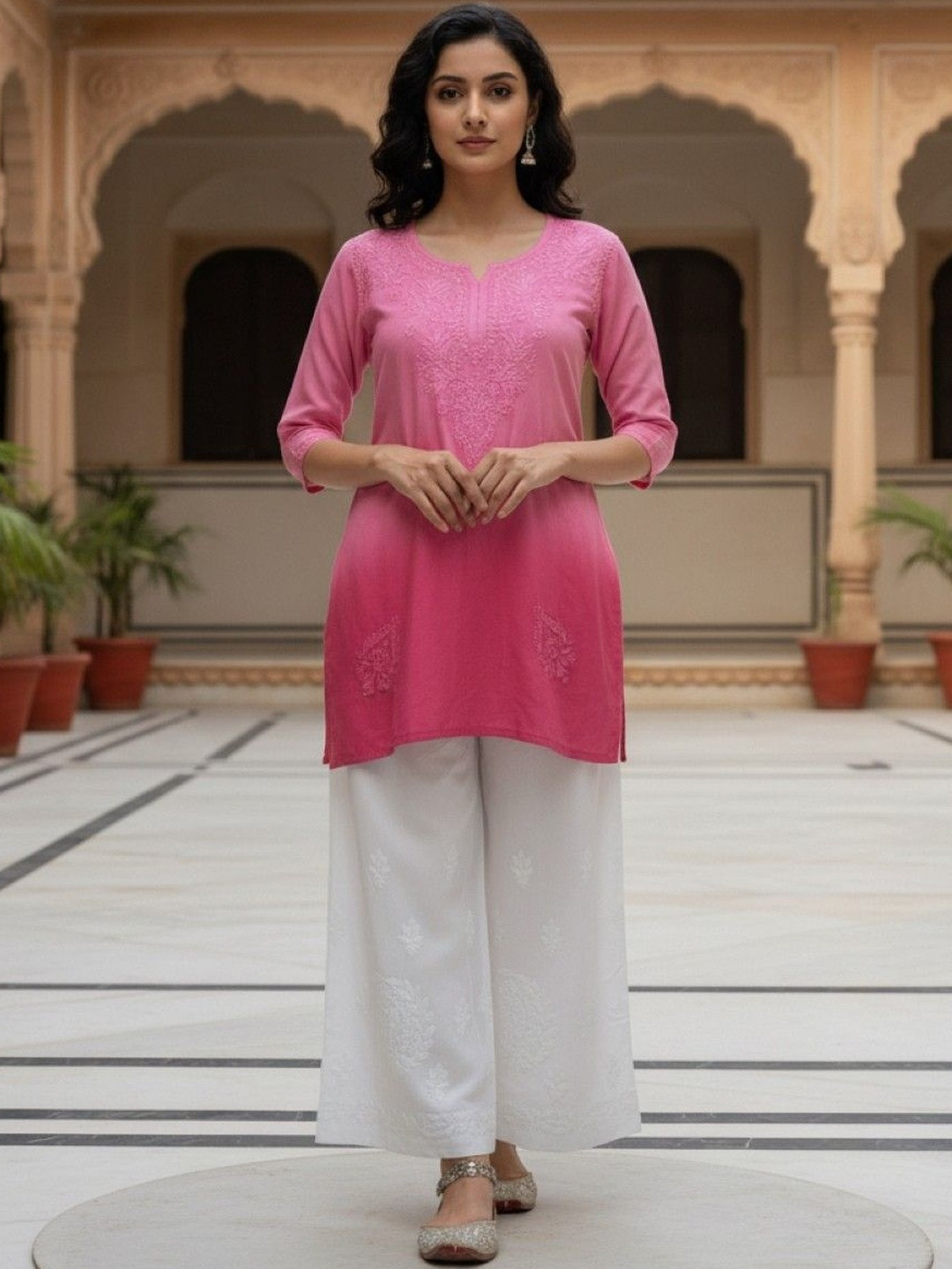 FashionChikan Art Ethnic Motifs Embroidered V-Neck Chikankari Handloom Chikankari Kurti